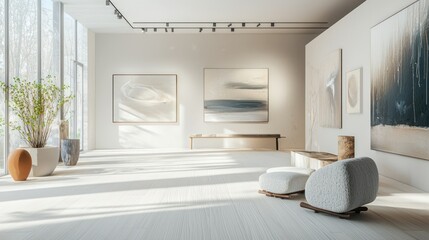 A gallery filled with natural light, minimalist furniture, and a collection of contemporary abstracts that incorporate organic elements.