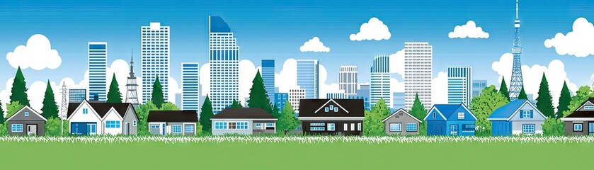 Fototapeta premium Residential cityscape illustration, homes and skyscrapers, sunny day, use for real estate, city planning, or educational resources