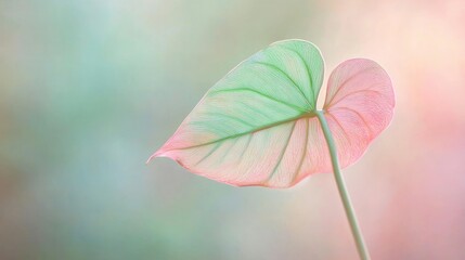 Obraz premium A gentle image of a monstera leaf with pastel green tones and a subtle blush of pink, set against a softly blurred background.