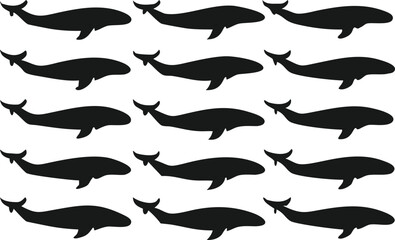 A graphic design showcasing a pod of whales gracefully swimming in a coordinated pattern against a plain white background.