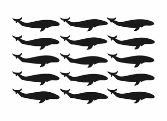 A graphic design showcasing a pod of whales gracefully swimming in a coordinated pattern against a plain white background.