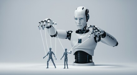 Powerful futuristic robot holding a human like a puppet, symbolizing control, manipulation, and dominance of AI in a digital world