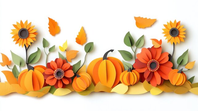 Paper cut orange pumpkins and sunflowers, grass and leaves with space for text on the top on white background. Cut out autumn vegetables harvest garden landscape composition. Botanical abstract card