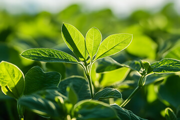 Obraz premium Green immature soy close up. Fresh green soy plants on the field in summer. Leaves soy stretch towards the sun