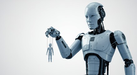 Powerful futuristic robot holding a human like a puppet, symbolizing control, manipulation, and dominance of AI in a digital world