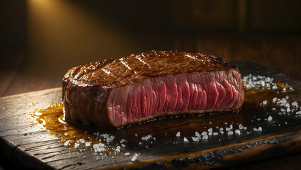 erfectly grilled thick cut steak on rustic wooden board with coarse sea salt crystals.