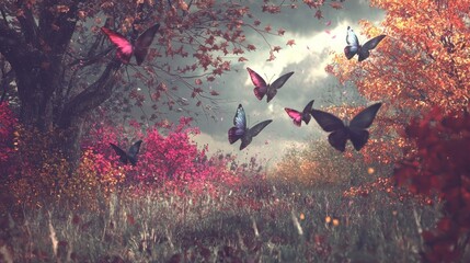 Autumnal forest with vibrant butterflies