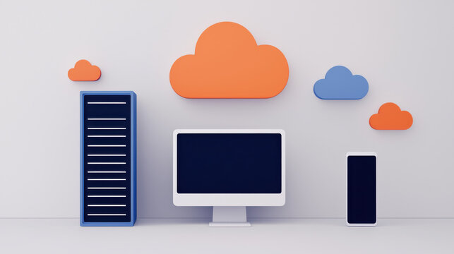 Cloud computing concept with server, monitor, and smartphone icons against white background, symbolizing data connectivity and cloud technology