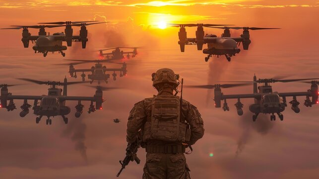 Silhouette of a soldier controlling drones for military combat and surveillance missions