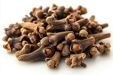 Obraz premium Cloves scattered on white background with soft lighting, creating a simple and elegant composition.