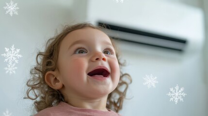 Happy Child with Curly Hair Enjoying Winter Season in a Bright Room Surrounded by Snowflakes and Air Conditioning Unit