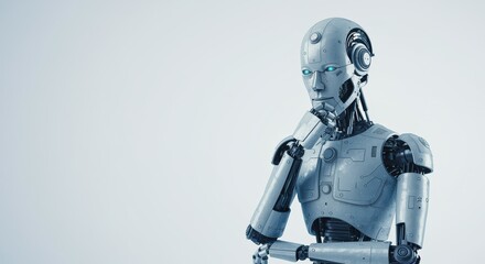 Futuristic robot in a thoughtful pose, symbolizing artificial intelligence, deep thinking, and advanced digital consciousness in a tech world