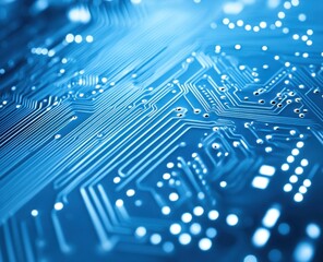 Close-up of a blue circuit board with intricate pathways and glowing components.