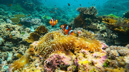 Visualize a pair of clownfish playfully darting in and out of a sea anemone in a bustling coral reef. 