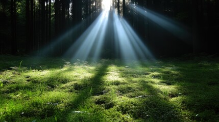 Obraz premium Sunlight streams through a dark forest. Sunlight beams pierce the canopy, illuminating a mossy forest floor