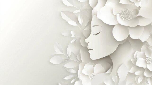 papercut illustration of white silhouette Woman with flowers and leaves on white background with space for text in the center. Cut out monochrome floral wedding composition with young female.