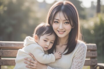 Obraz premium Asian Mother Holding Baby Son Outdoors in Sunlight, Happy Family Moment, Motherhood, Child Care, Warm Embrace, Parenting, Lifestyle