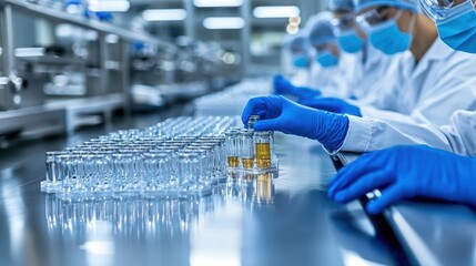 Scientists in protective gear work in a laboratory, handling glass vials during a production process in a sterile environment.