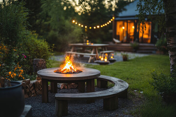 Fire pit glowing among lush garden greenery at dusk, casting warm light on surrounding plants and creating a cozy atmosphere.