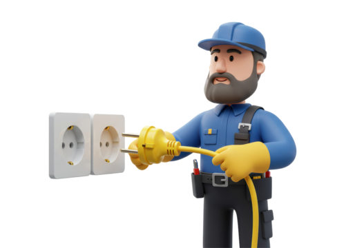 Isolated 3D Cartoon Electrician Plugging in a Yellow Cable to Wall Socket