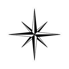 Fototapeta premium Compass Rose Icon on White Background. Minimalist black and white compass rose symbol with sharp directional points, often used in navigation and maps