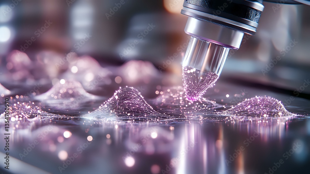 Poster microscopic view of pink glittering powder particles scattered on reflective surface with laboratory