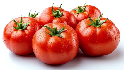 Fresh ripe red tomatoes with water drops and green stems on white background, group of five whole vegetables isolated for food packaging design.