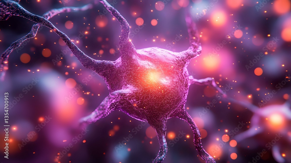 Poster glowing neuron cell with electrical synaptic connections on purple and orange background with bokeh 