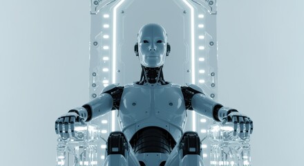 Futuristic robot sitting on a high-tech throne, symbolizing power, intelligence, and advanced digital dominance in a sci-fi world