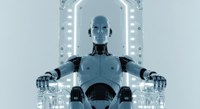 Futuristic robot sitting on a high-tech throne, symbolizing power, intelligence, and advanced digital dominance in a sci-fi world