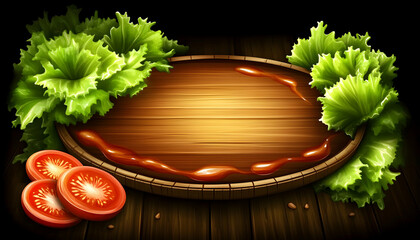 Delicious Wooden Board with Tomatoes, Lettuce, and Sauce. Perfect for menu design, food blogs, or restaurant advertisements.
