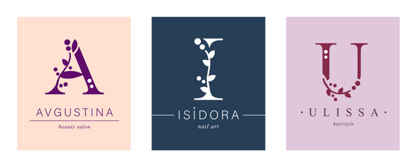 Logo A, capital letter I, U. Monogram of Botanical Minimalistic, Initial. with Organic Plant Elements. Vector design.