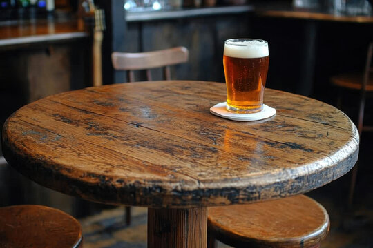 Beer glass on wooden table with frothy amber liquid, surrounded by scattered bottle caps and a smartphone displaying a social media app.