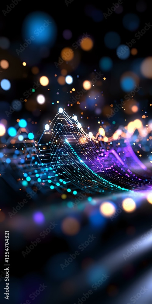 Poster abstract digital wave pattern with glowing circuit lines and bokeh lights creating futuristic techno
