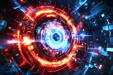 Obraz premium Dynamic abstract digital transformation with vibrant lines and glowing circles creates futuristic atmosphere. This evokes sense of motion and innovation