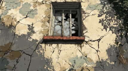 Broken Window  Cracked Wall  Shadow  Aged Building Exterior