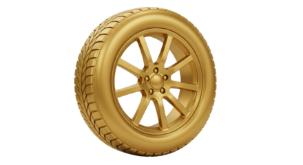 Isolated Golden Car Wheel with Tire for Luxury Automotive