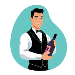 Young smiling caucasian white waiter holding bottle of red wine. Vector cartoon illustration