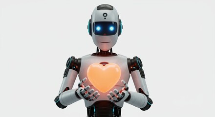 Futuristic robot holding a glowing warm heart, symbolizing emotions and human connection in a clean digital environment