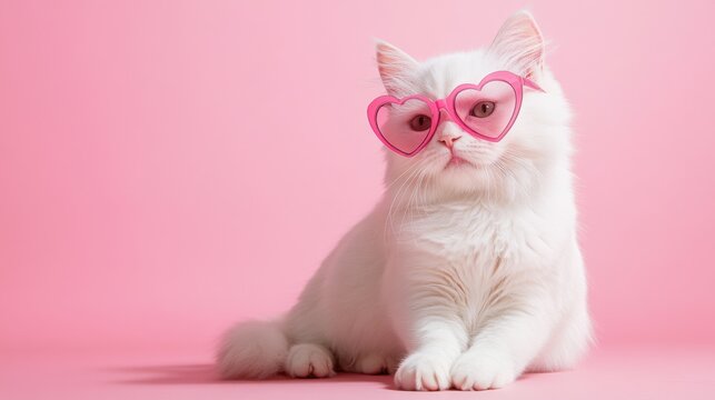 White cat in pink eyeglasses heart shape on pink background. romantic Photo of domestic elegant kitty with love for advertisment