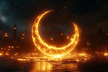Fiery Crescent Moon over Night City