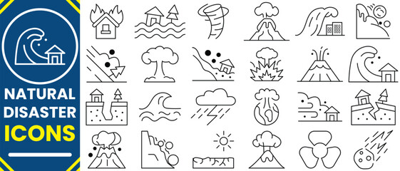 Natural disasters line icon, pollution, earthquake, volcano, tsunami, flood, destruction, sinking, hurricane, desert, drought, disaster.Natural disasters, pollution, related to evacuation, Apocalypse.