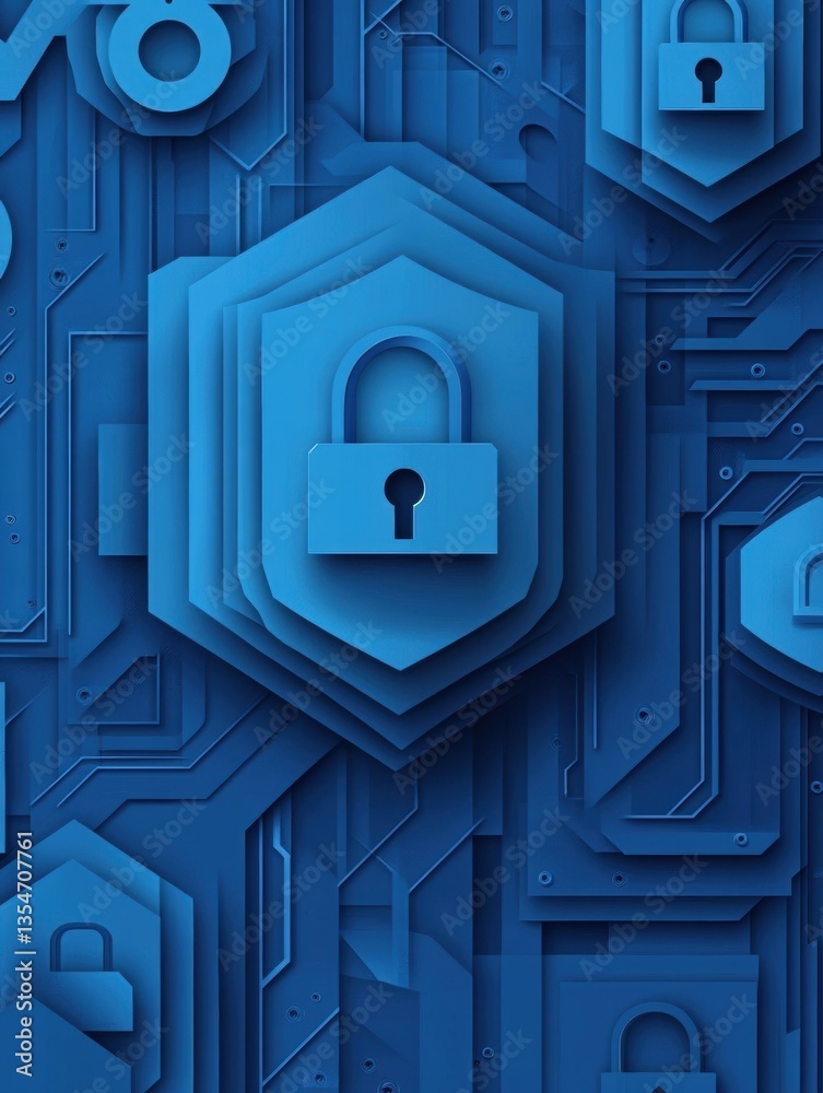 Fototapete Exploring the concepts of cybersecurity through layered paper art in modern blue gradients featuring locks, shields, and encrypted codes