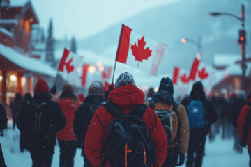 Person walking down snowy street with Canadian flag.