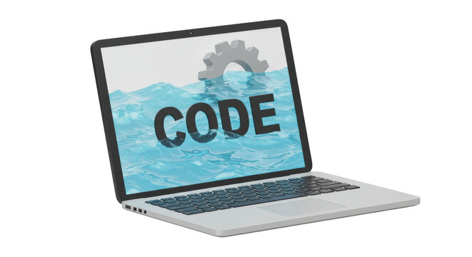 laptop with code in water and gear clip art preview
