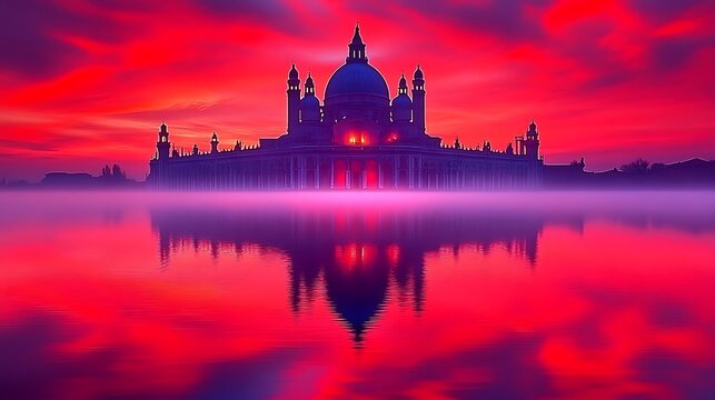 Red sunset over a calm lake reflecting a majestic dome structure.