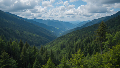 Obraz premium Mountain valley with green forest, and summer.