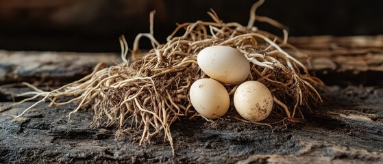 Nest of eggs on rustic wooden surface
