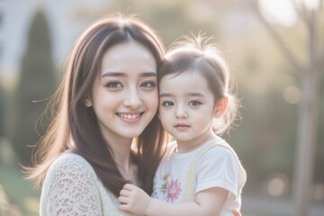 Obraz premium Happy Asian Mother Holding Adorable Toddler Daughter Outdoors in Sunny Park, Family Bonding, Motherhood