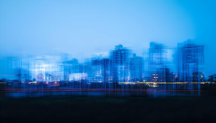 Fototapeta premium Abstract city nightscape, blurred motion, dynamic energy, urban skyline, twilight blues, light trails, modern architecture, futuristic feel, vibrant city, dynamic composition, contemporary art.
